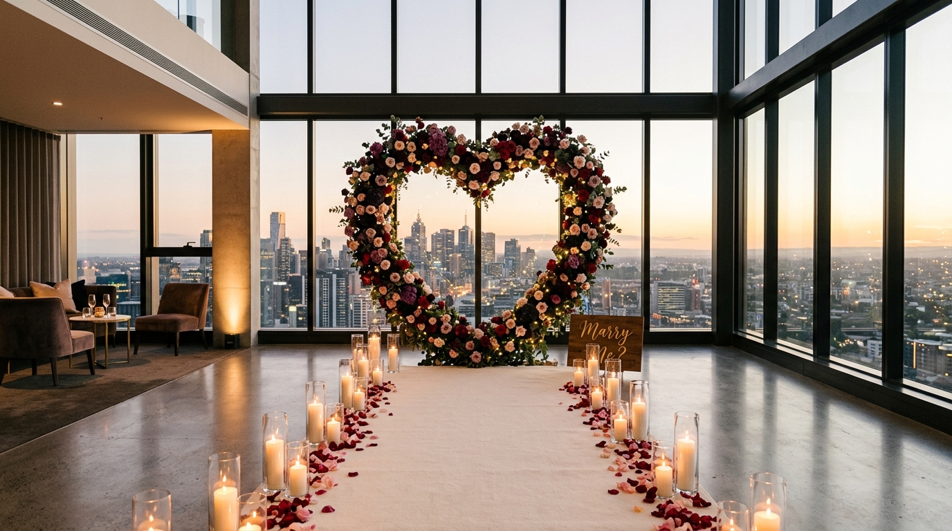 Events by Toza Luxury Proposal Setup with Heart Floral Arch and Skyline