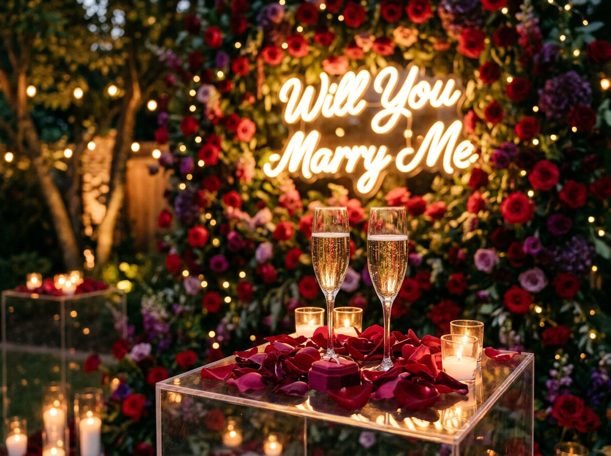 Events by Toza Romantic Proposal Setup with Neon Sign and Champagne